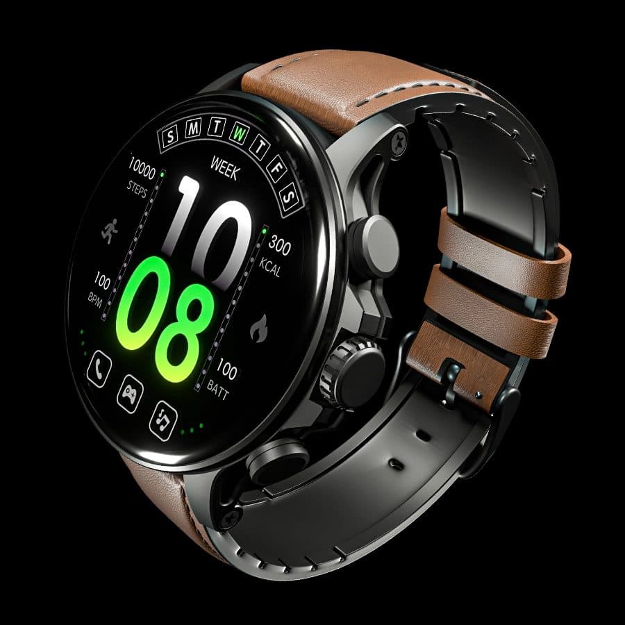Smartwatch with a curved AMOLED display on a dark background