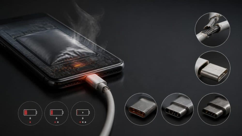 Braided USB-C charging cable coiled on a light surface